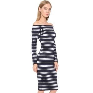 💋 Bec & Bridge Women's Blue Striped Long Sleeve Midi Off Shoulder Dress US 6